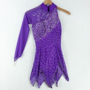 Doré Purple Mesh Latin Dance Competition Dress One Sleeve Sparkle Womens Medium